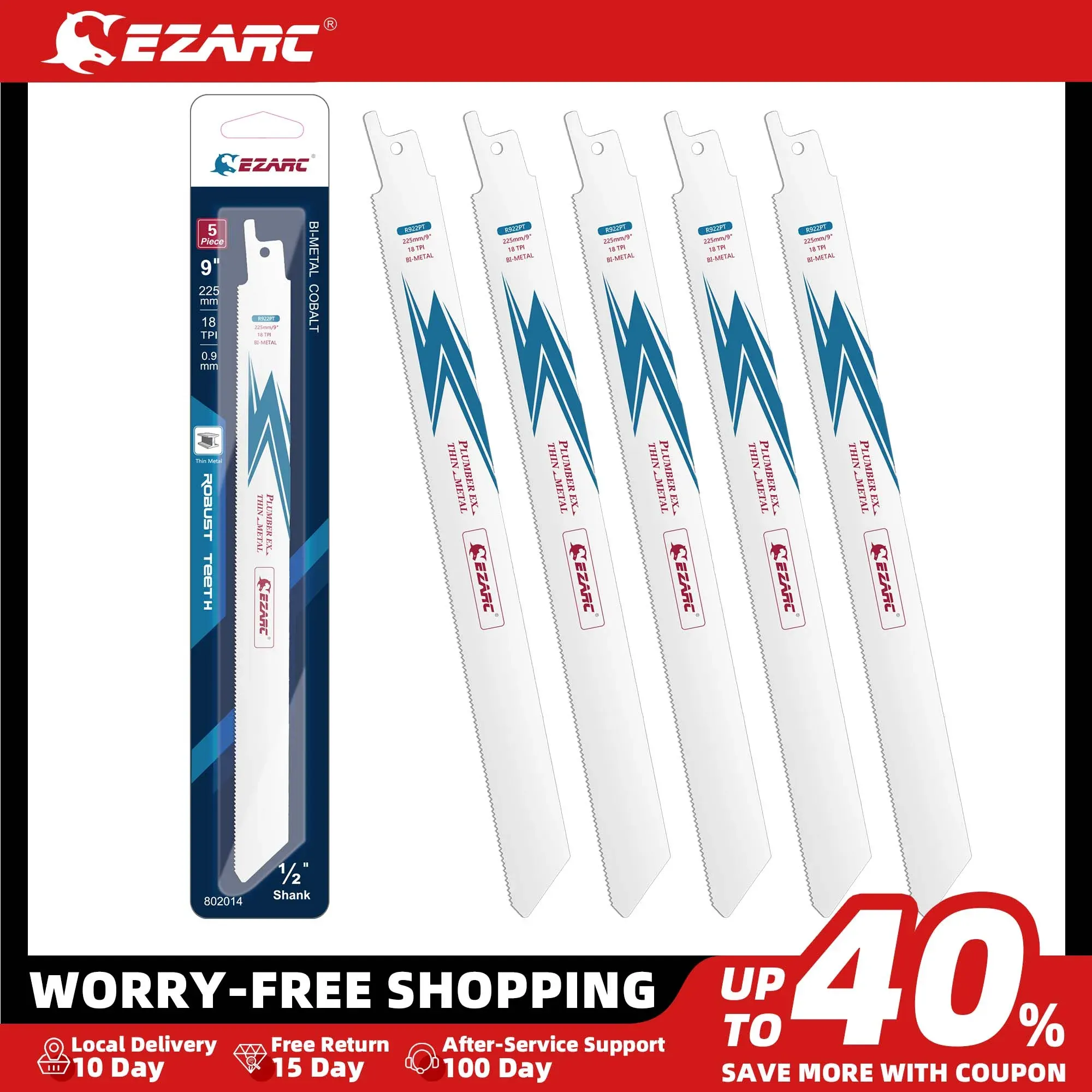 SAW RECILIVAÇÃO DE CORTE DE METAL DE METAL EZARC 18TPI 5PCS Blade Bi-metal SAW Cobalt para Metal 150mm / 225mm 6 '' ' / 9' 'R622PT / R922PT