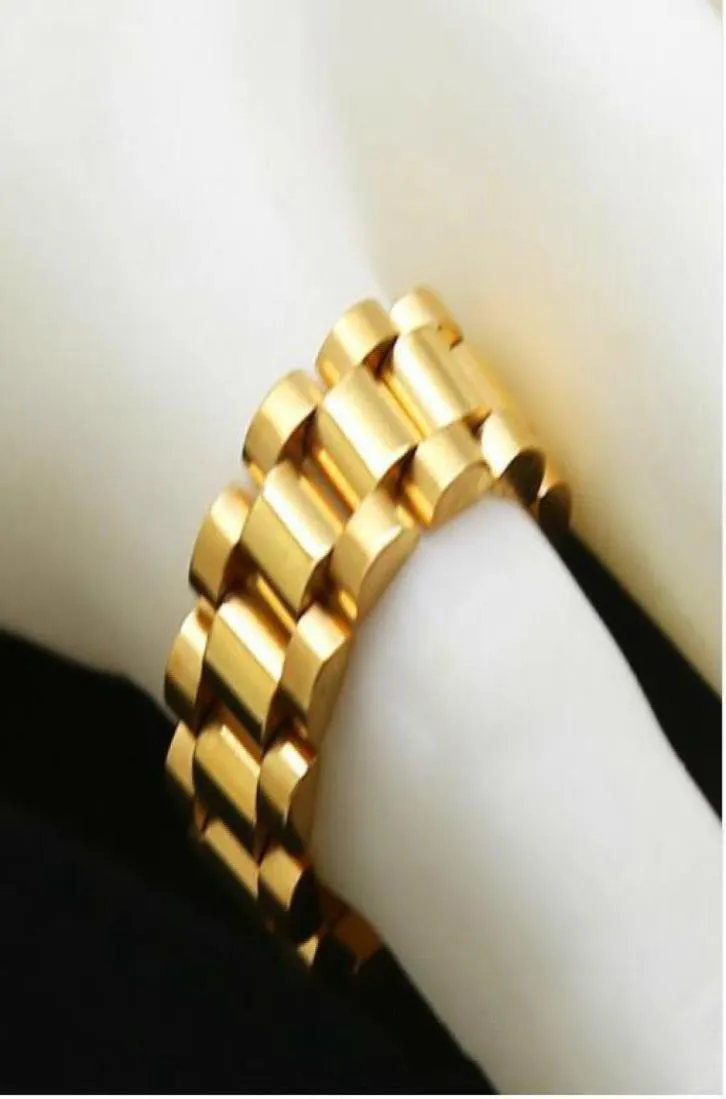 الكلاسيكية الفاخرة 24K Gold Plated Men Watchband Rings Stainless Steel Link Rink Ring Hip Hop Mens Style Men Ring Watches Ring1714116