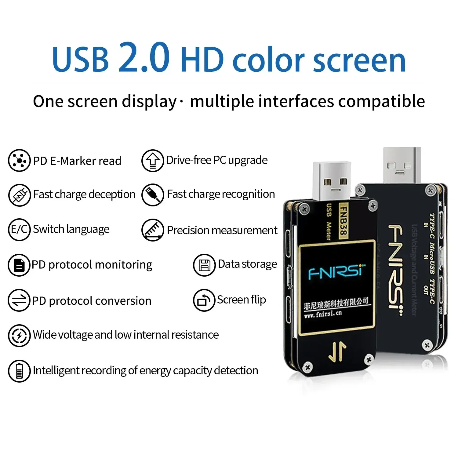 FNB38 USB -testare Aktuell spänningsmätare QC4+ PD3.0 QC2.0 PPS Fastladdning Protokollkapacitetstestare Ammeter Voltmeter FNIRSI