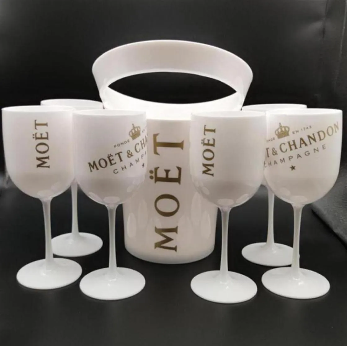 Wiadra i chłodnice z białym szklanym szklanką 6pcs Moet Chandon szampan szampana plastik 302W208D253V3194741