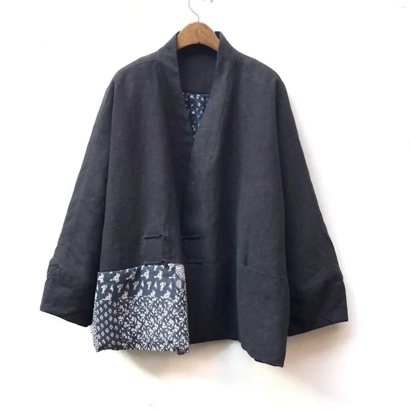 Kvinnorjackor Japan Style Disc-Buttoned Cardigan Jacket Patchwork Design Literary and Artistic Thin Loose Bat Cotton