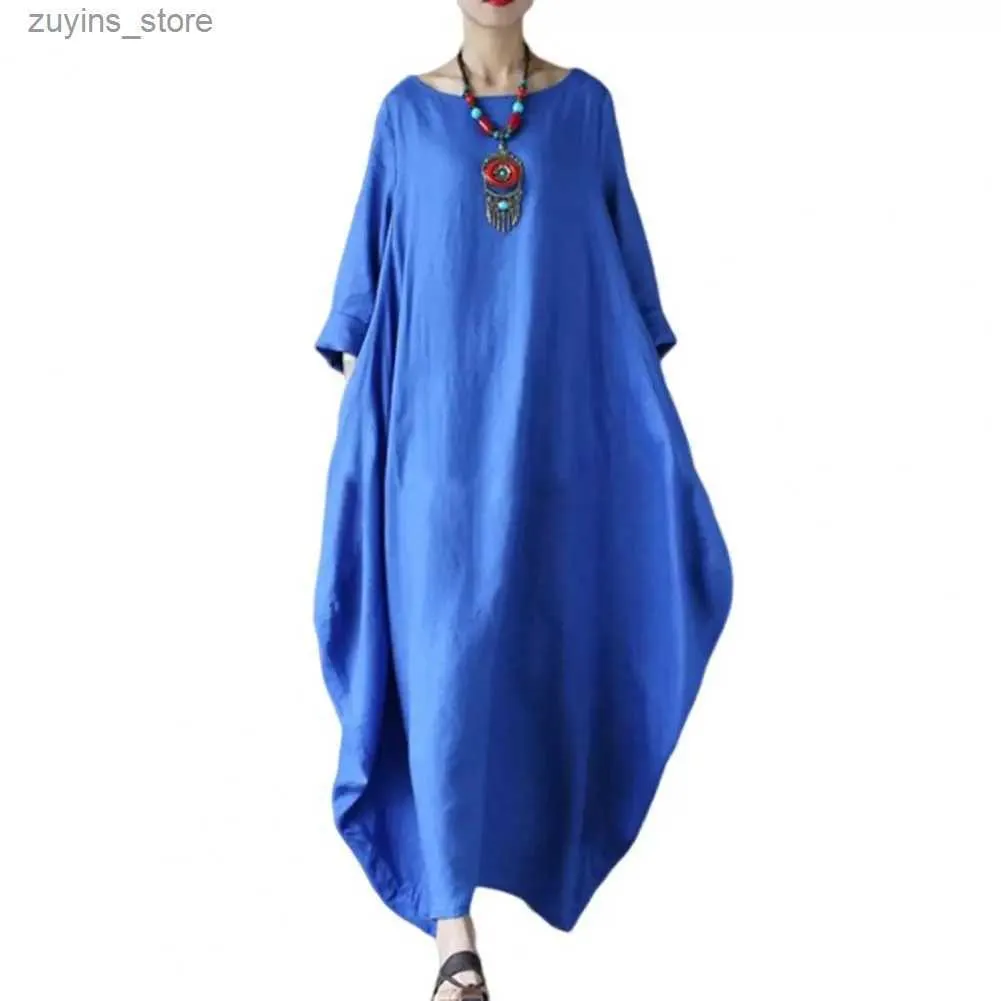 Robes décontractées de base Plus Femmes Hobe Long Manches Coure Coup Couleur Couleur Robe rétro Plus Taille Vêtements Loule Longue Longueur Maxi Robe L49