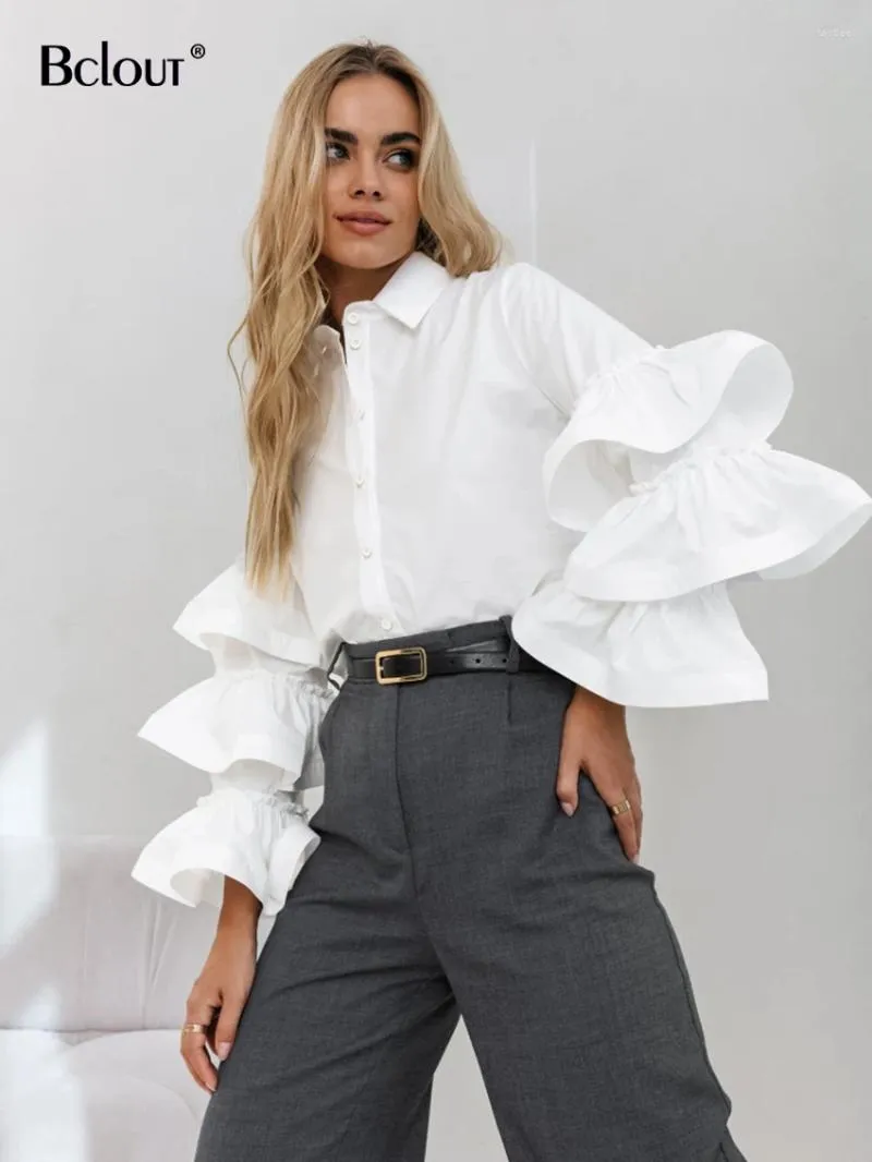 Blouses de femmes Bclout Fashion Ruffled White Shirts Women 2024 Elegant Khaki Office Lady Loose Automne Patchwork Partwork Top