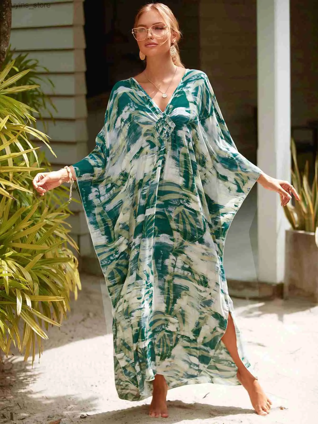 Grundläggande avslappnade klänningar 2024 Summer Autumn Plant Print Sexig V Neck Site Split Dress for Women Lose Casual Beach Wear Maxi Dresses Q1297 L49