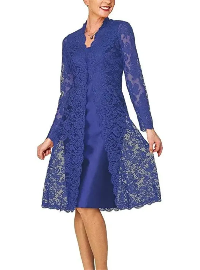 knee length dresses for ladies Long Formal Dress with Beaded Long-Sleeve Jacket Navy / 22 main image 1