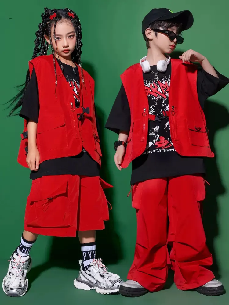 Modern Hip Hop Dance Costume Kids Red Vest Pants Girls Jazz Performance Outfits Boys Street Dance Clothing Wear BL10740