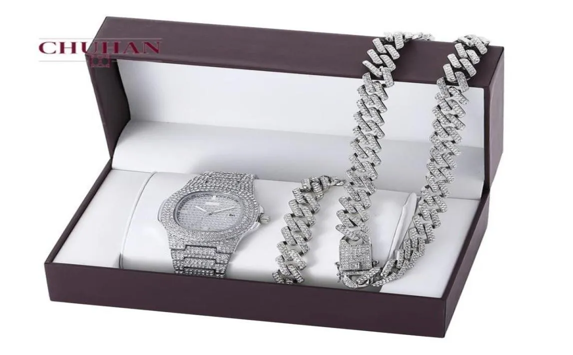 Regarder Chuhan 3pcSset Hip Hop Cuba Chains Iced Out Collier Fashion Luxury Diamond Intelaid Steel Band Quartz Watch Bracelet J1976158