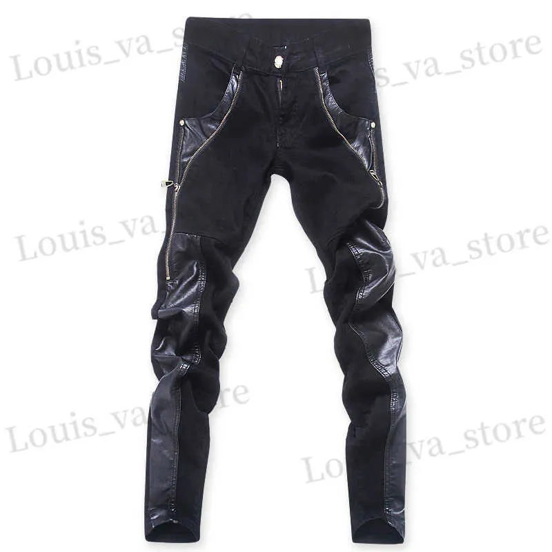 Créateur de mode en jeans masculin pour hommes à glissière noire pantalon en cuir coréen mince skinny pantalon en cuir mode pantalon de denim pour hommes t240411