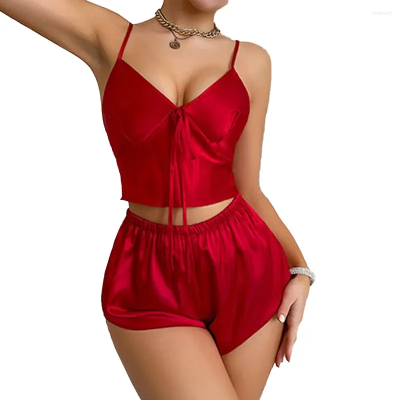 Vêtements à la maison en soie femme de nuit Femmes Sexy Pajamas Sets Sans manchettes Shorts Loungewear 2pcs Disfraz Mujeres Vêtements