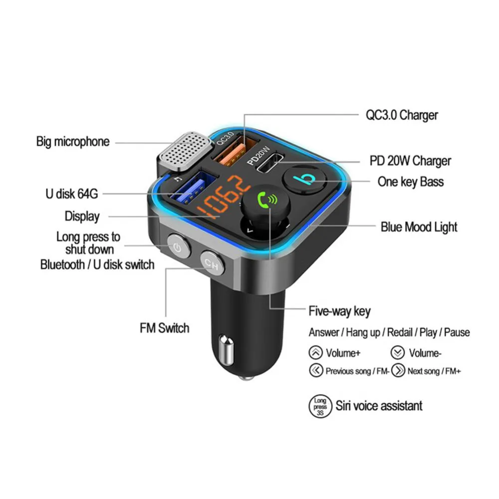 Car Bluetooth 5.0 FM -передатчик аудиодаптер один ключ бас Mp3 -плеер большой микрофон USB Music Play QC3.0 PD20W быстрое зарядное устройство