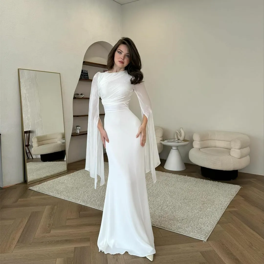 Elegant Long Chiffon Pleated Evening Dresses With Sleeve Sheath Ivory Bateau Neck Middle East Floor Length Prom Party Dress for Women