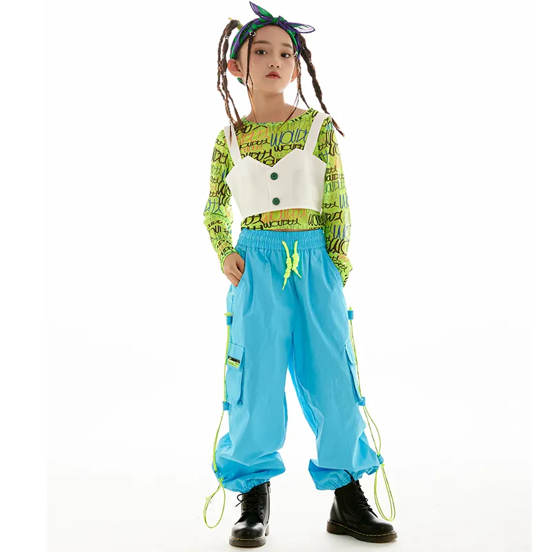 2023 Jazz Dance Costumes For Kids White Vest Blue Loose Pants Kpop Clothing for Girls Ballroom Hip Hop Dance Streetwear DN13853