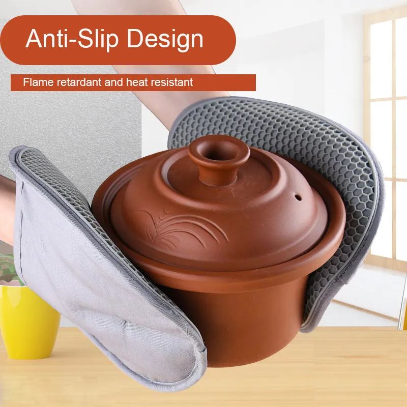 Double Oven Glove Mitt - Thick Padded, Heat Resistant, Silicone Grip For BBQ & Baking