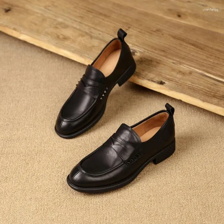 Dress Shoes EAGSITY Cow Leather British Style Penny Loafer Women Slip On Mule Casual Rivet