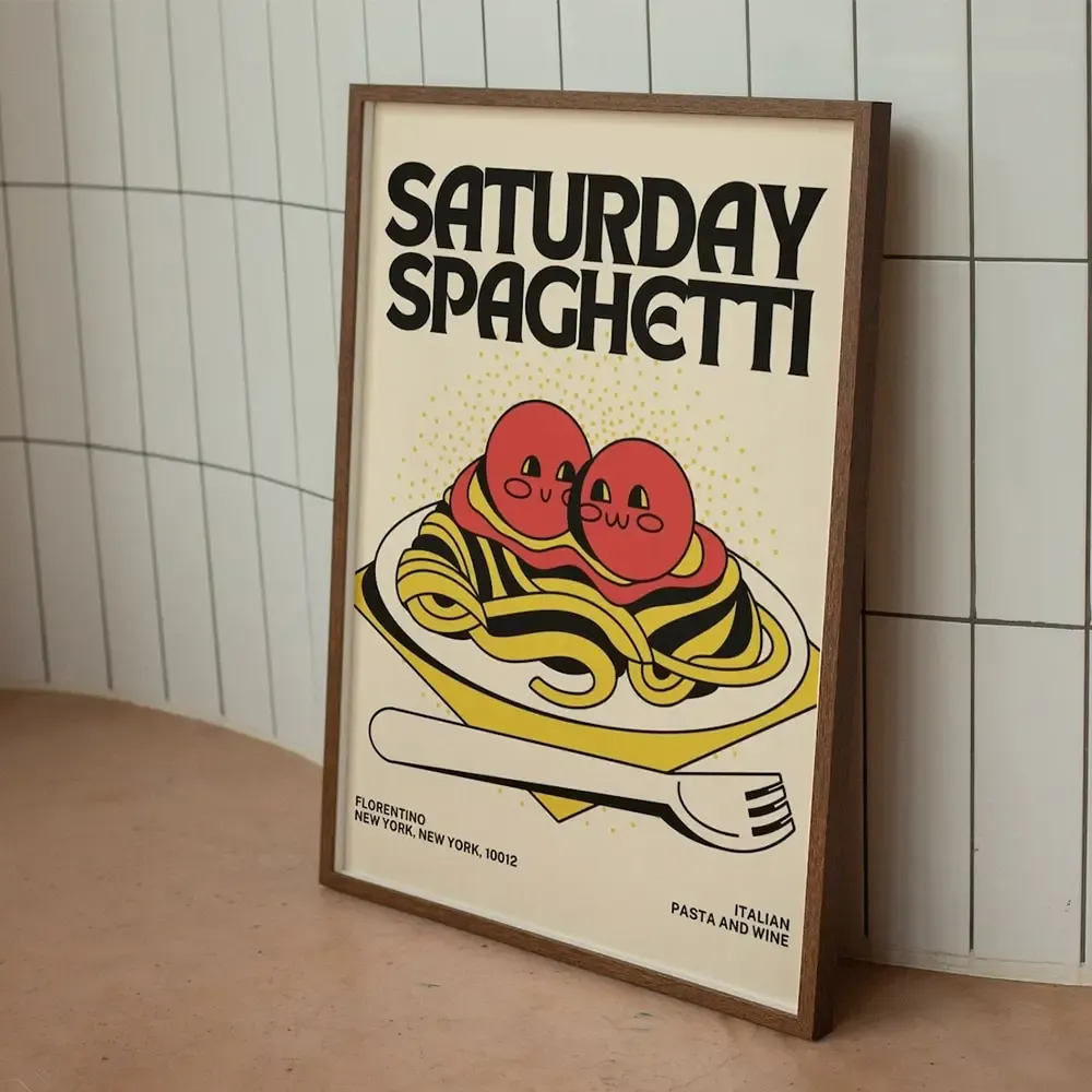 Śmieszne słodkie sobotnie spaghetti makaron retro w kuchni sztuka ścienna płócien