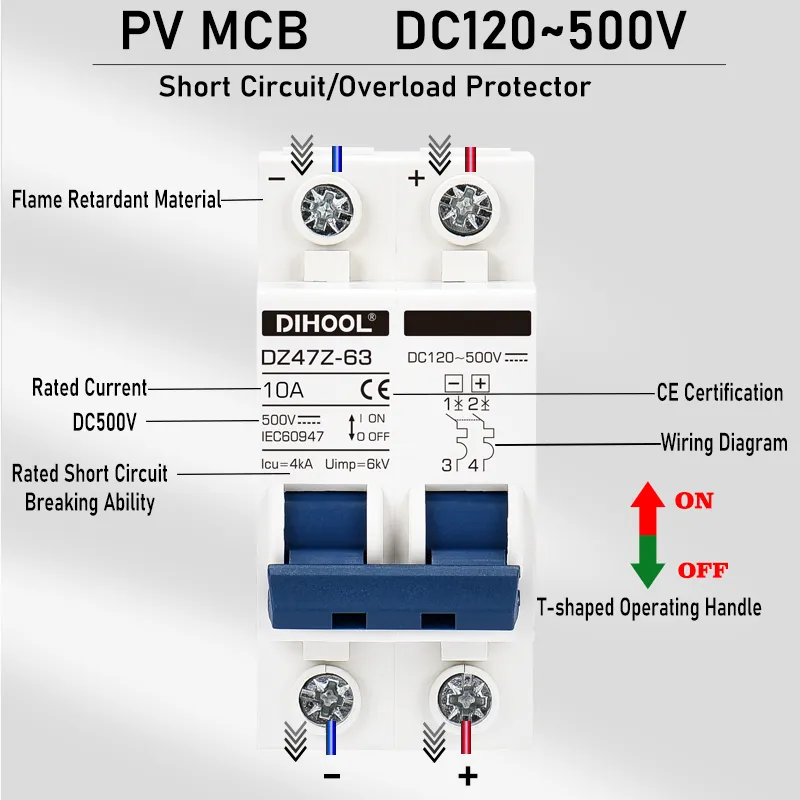 DC Circuit Breaker 500V 16A 32A 63A 80A 125A Inverter/UPS/Battery/Solar DC MCB Overload/Short Circuit Protector (Europe Stock)