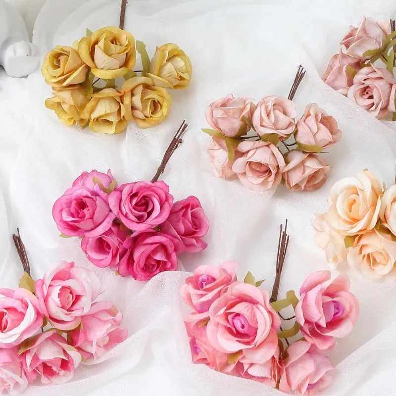 Decorative Flowers 6Pcs Artificial Wedding Mini Bouquet Wreath Scrapbooking For Home Bedrooms Decor Diy Holiday Accessories Silk Tea Rose