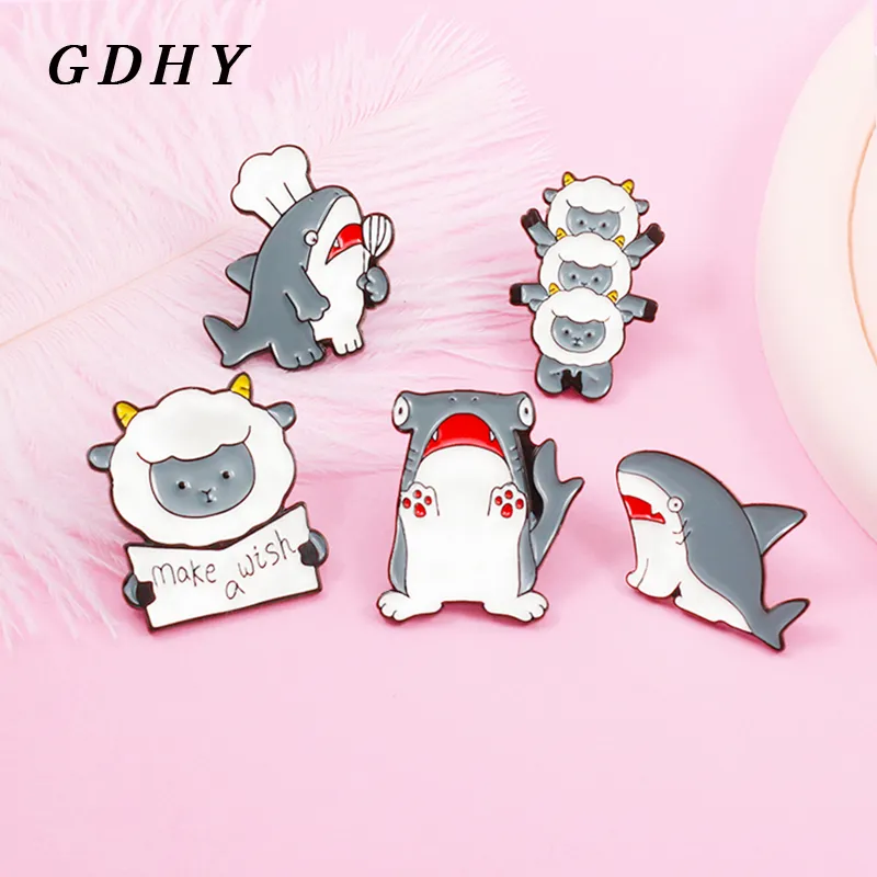 Gdhy Cute Sheep Shark Monamel Pins Make a Goat Goat Tiger Shark Whale Brooch Brooch Custom Label Badge for Kids Jewelry Gift