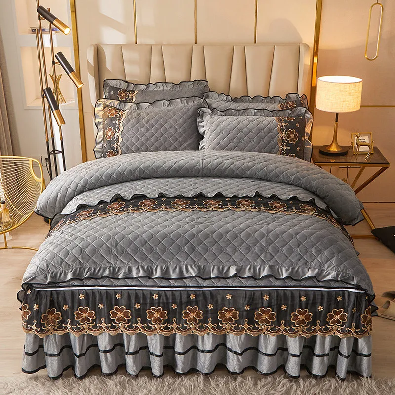 ai winsure quilted velvet bedding set queenキングサイズダブルベッド布団カバーレースジッパーベッドスカートヨーロッパソリッド2枕カバー