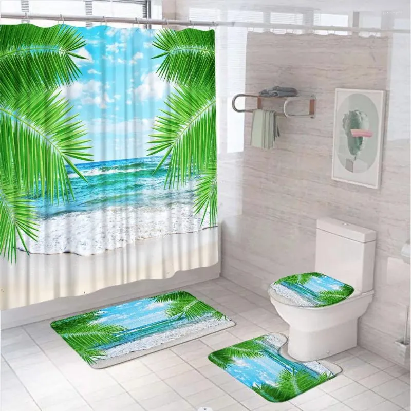 Duschgardiner Tropisk strandgardin Set Summer Seaside Scene Ocean Island Palm Leaves Bath Screen Badrummatta mattan Toalettskydd