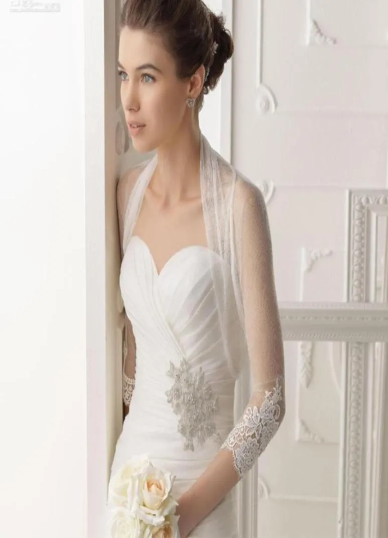 ファッションヨーロッパのデザイン34スリーブホーレテールホワイトブライダルボレロとアップリケ透明な結婚式のアクセサリー57924568040657