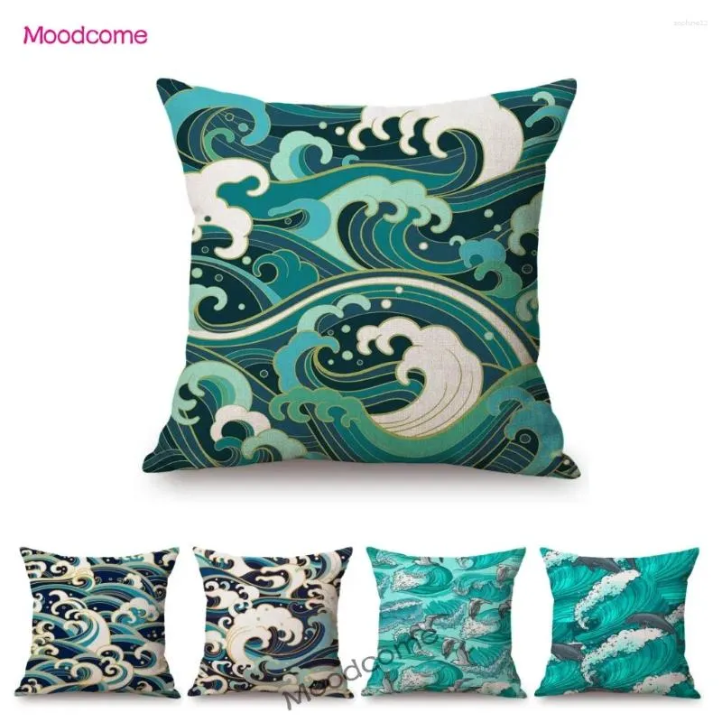 Oreiller Green Blue Sea Vave Great Seaspray Géométrique Art Home Decorative Sofa Case Colon de voiture en lin en coton