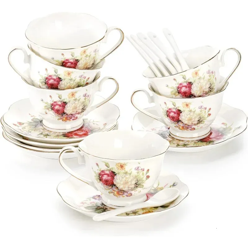 Xícaras de chá e pires Conjunto de 6 xícara floral com acabamento dourado Oz de porcelana Capinho de marfim 240411