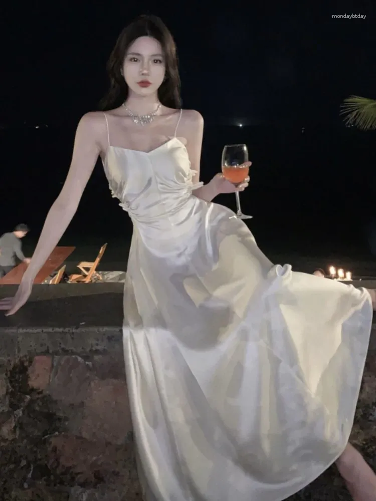 Casual Dresses Acetate Satin Strap Wedding Party Dress Backless Silky Long Prom Crossover Vestidos Verano Mujer Fiesta Elegante Femme
