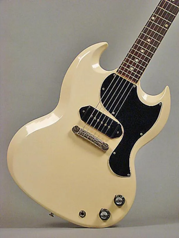 Aangepast SG Junior 1965 Polaris White Electric Guitar Single Coil Black P90 Pickup Chrome Hardware Black Pickguard Dot FingerBoA3875887