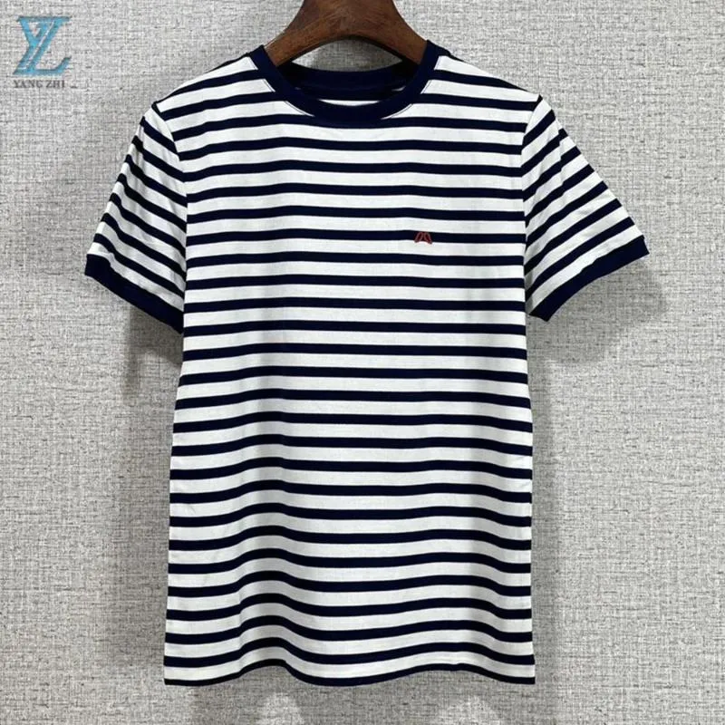 Kvinnors T-skjortor Spring/Summer Top Quality Navy Blue Stripe Sticked Brodered T-shirt