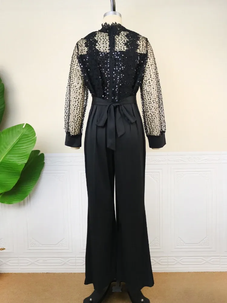 Long Sleeve Women Jumpsut Deep V-neck Long Leg Pant Blng Shny Sequn - View #6