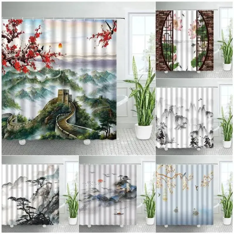 Shower Curtains Chinese Great Wall Landscape Curtain Red Flower Ink Style Print Modern Bath Waterproof Fabric Bathroom Decor Set