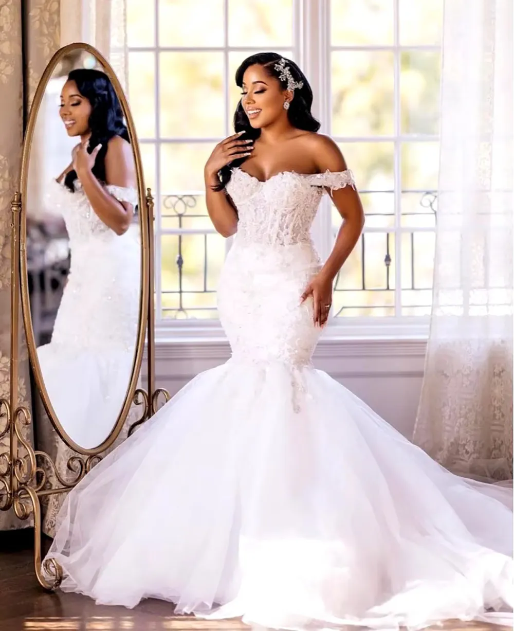Save Big on Bulk African Mermaid Wedding Dress Mermaid Wedding Gowns:  Elegant Off Shoulder Lace Bridal Dress With Sweep Train, Beaded Mermaid  Style