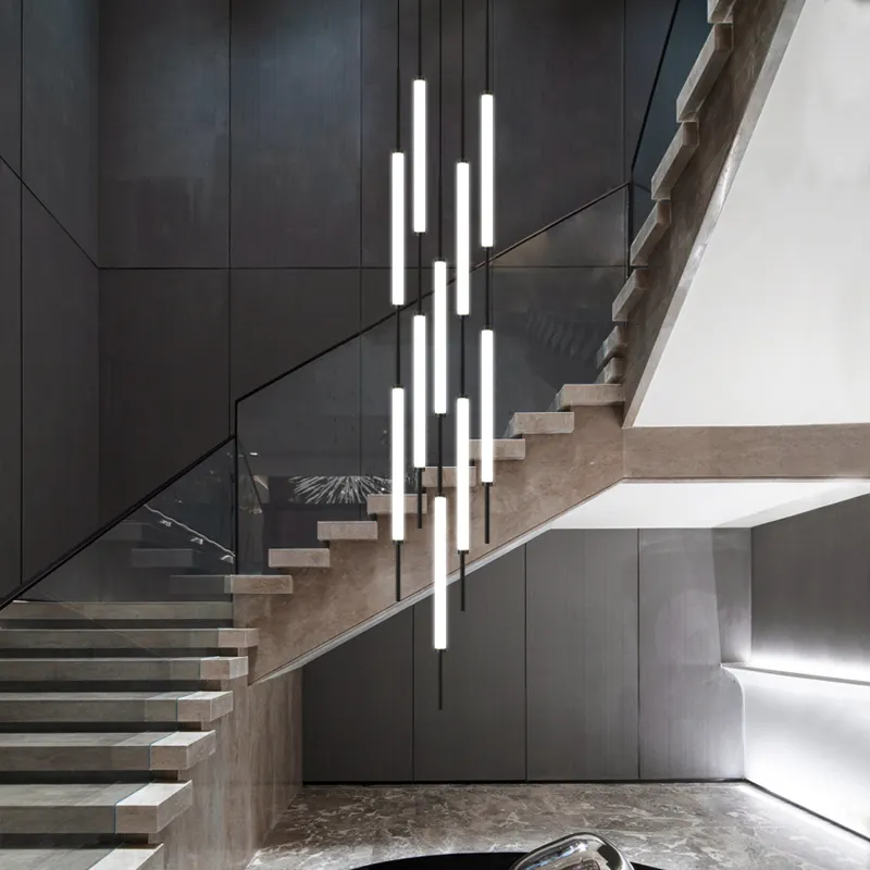 Modern dubleks villa yüksek katlı merdiven kolye ışık oturma odası kapalı dekor avize salonu endüstriyel ip uzun tüp lambası