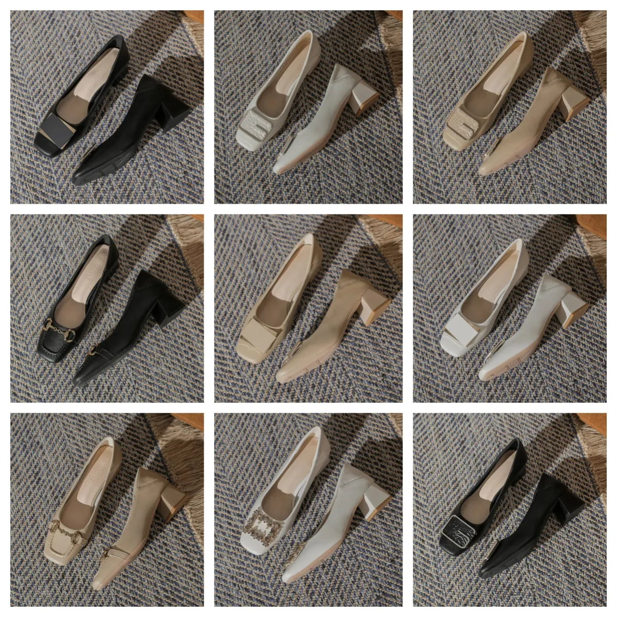 Üst tasarımcı yüksek kare ayak parmağı siyah beyaz kadın şık orta topuklu yumuşak tabanlar kalın topuklu ve tek ayakkabılar