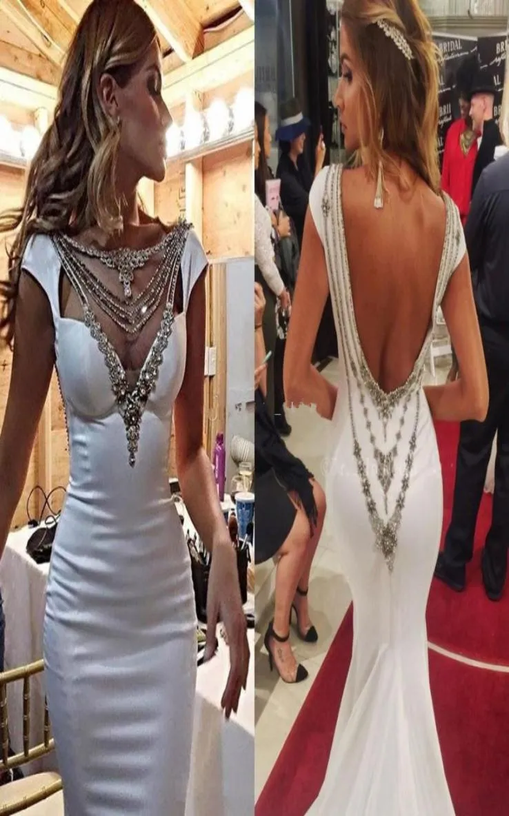 New Glamorous Mermaid Evening Dresses Chic Crystal Neckline Cap Sleeves Satin Ivory Backless Formal Evening Gowns Celebrity Prom D1457917