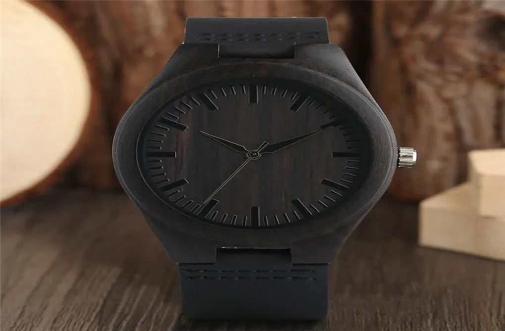 Einzigartige volle schwarze Männer039s Ebony Wood Watch Luxusgeschenke Leichte Bambus Analog Quarz Armbanduhr Lederband Reloj de madera8829487