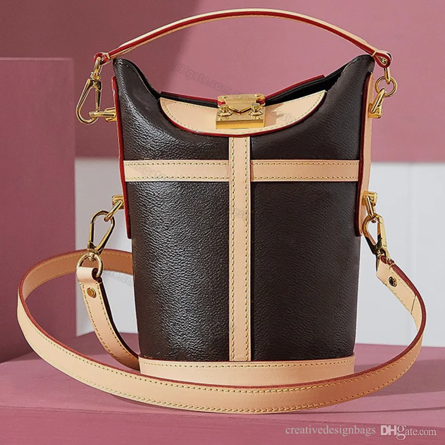 Spegel kvalitet hink väska crossbody väska damer canvas väska rund handväska lyxiga damer axelväska läder klassisk blomma handväska tote 22 cm med låda l402