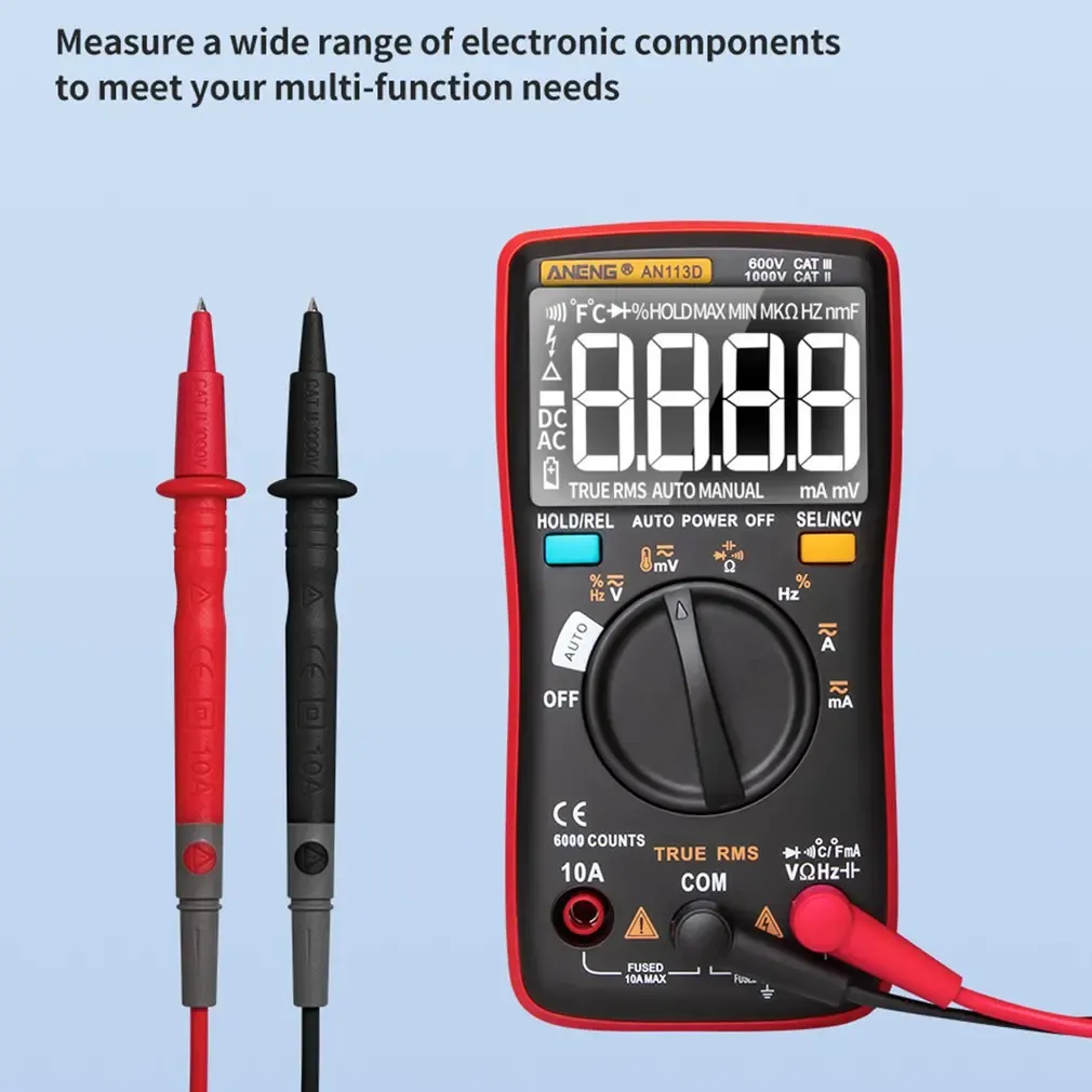 Aneng AN113DマルチメトロNCVデジタルマルチメーターAC/DC電圧電流メーターT-RMS抵抗ダイオードテスト周波数温度テスター