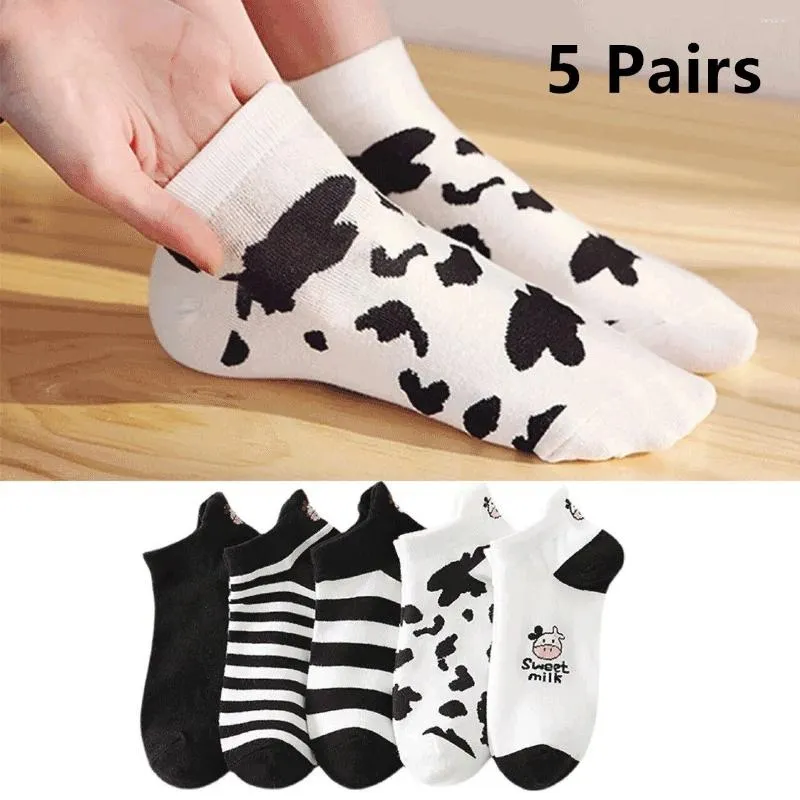 Femmes chaussettes 5 paires printemps d'été mince chaussette de mode dessin animé vache harajuku kawaii fille mignonne joyeux bateau drôle bateau