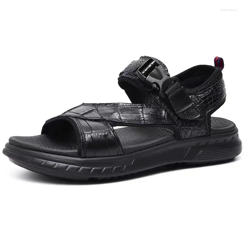 Sandales réelles authentiques 5888 Alligator Leather Classic Black Men's Casual Hook Loop authentique Génér