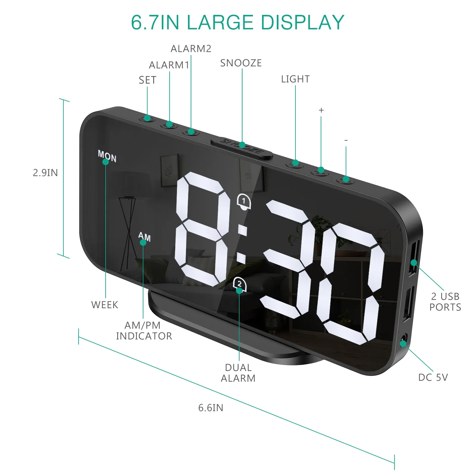 ORIA Digital Alarm Clock 6.7 pouces Corloge LED Bureau de table de cheminement Corloge de bureau électronique Sniomédiction Temps Night Alarm de nuit 12 / 24h