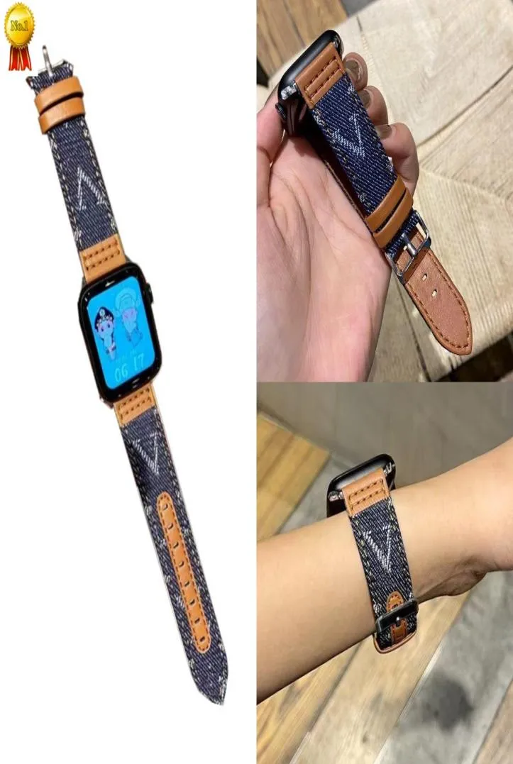Designer denim canvas echte lederen horlogeband voor iWatch -serie 8 7 SE 6 5 4 3 2 armbandband voor horloge ultra 49 mm 41 mm 45 mm 40 mm 44 mm4760732