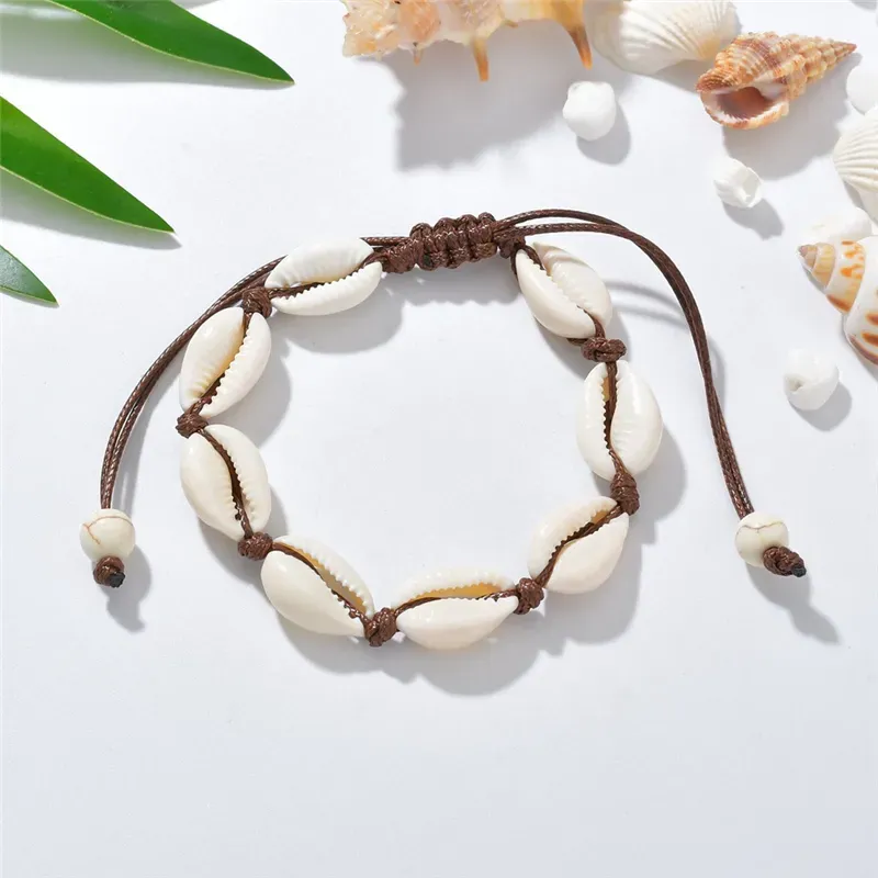 Handmade Shell Bracelets Natural Seashell Hand Knitted Adjustable Rope Bangles for Women Girls Accessories Beaded Strand Beach Jewelry Charm