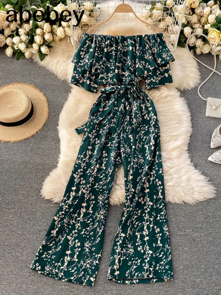 Women Jumpsuit Rompers Summer Casual Floral Print Off Axel Ruffles Laceup Sashes Wide Leg Holidays Loose Jumpsuits 240410