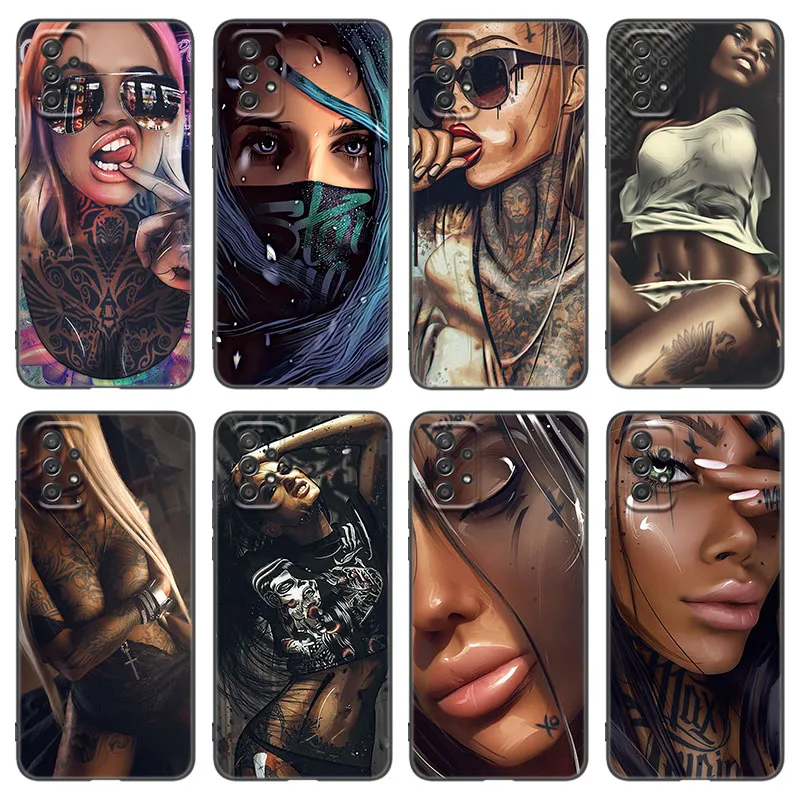 Sexy Sleeve Tattoo Girl Téléphone Case pour Samsung A13 A22 A32 4G A53 A73 5G A21 A30 A50 A52 S A12 A23 A31 A33 A51 A70 A71 A72