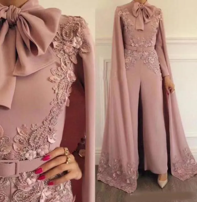 Elegant Pink Jumpsuits Evening Dresses With Wrap Long Sleeves Appliqued Plus Size Prom Dress Beaded Outfit Formal Party Gowns Cust7612029