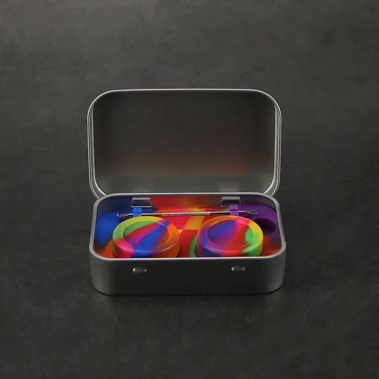 4 in 1 Tin Silicone Storage Kit Set with 5ml Silicon Wax Container Oil Jar Base Silver Dabber Tool Metal Box Case DHL