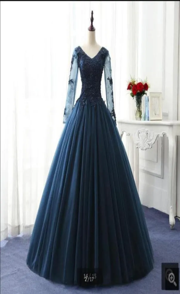 Marineblaues Ballkleid Prom Kleider Langarm Perlen Applizes formelle Abschlussballkleid bescheidene Perlen Prinzessin Promkleider 7686496