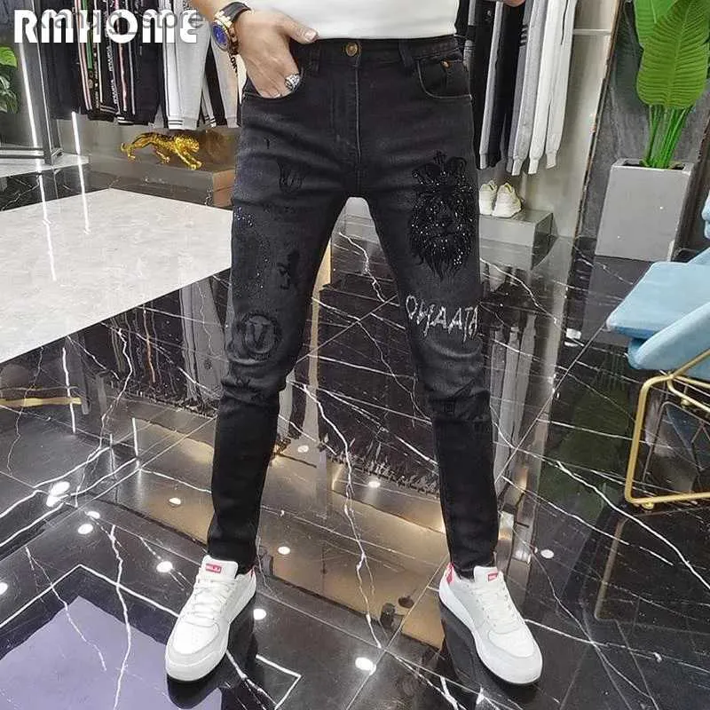 Heren jeans diamant heren jeans modemerk man strakke broek 2023 nieuwe zware ambacht printen stretch fit veelzijdige zwarte mannelijke potloodbroek l49